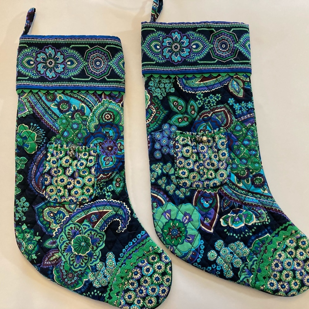 2 Vera Bradley Christmas Stockings Rhapsody Paisley print Small pocket w/ bells